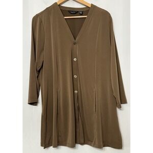 Susan Graver Every Day Liquid Knit  L Button Front Cardigan Driftwood 3/4 Sleeve